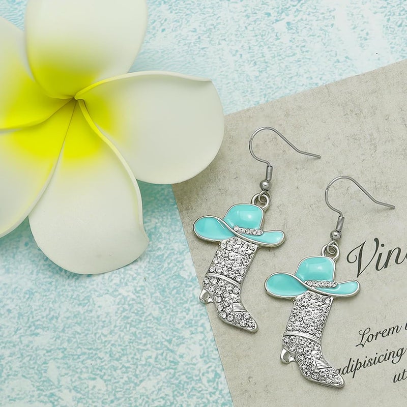 RechicGu Rhinestone Western Boots Earrings Cowgirl Cowboy Enamel Hat Bohemian Rodeo Boot Drop Dangle Earrings for Women - Image 5